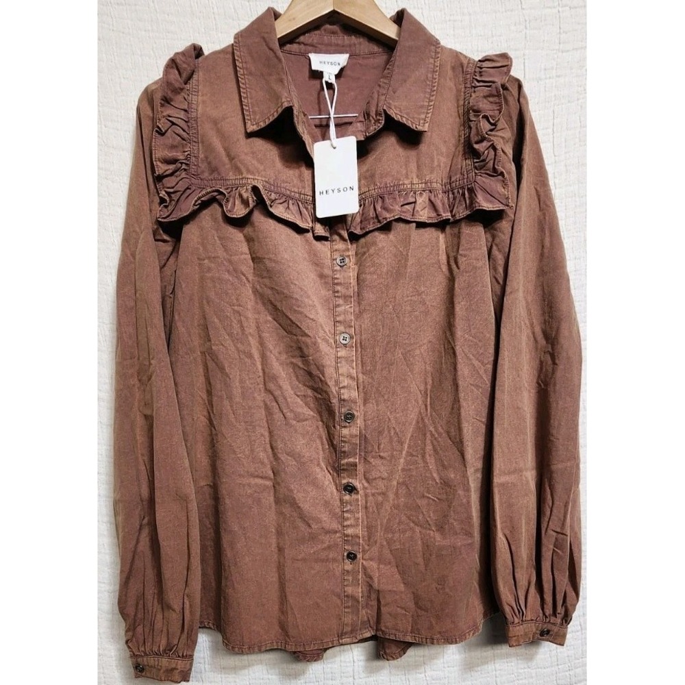 Heyson Ruffled Blouse Womans Sz L Long Sleeve Dusty Rose Prairie Button Down NWT